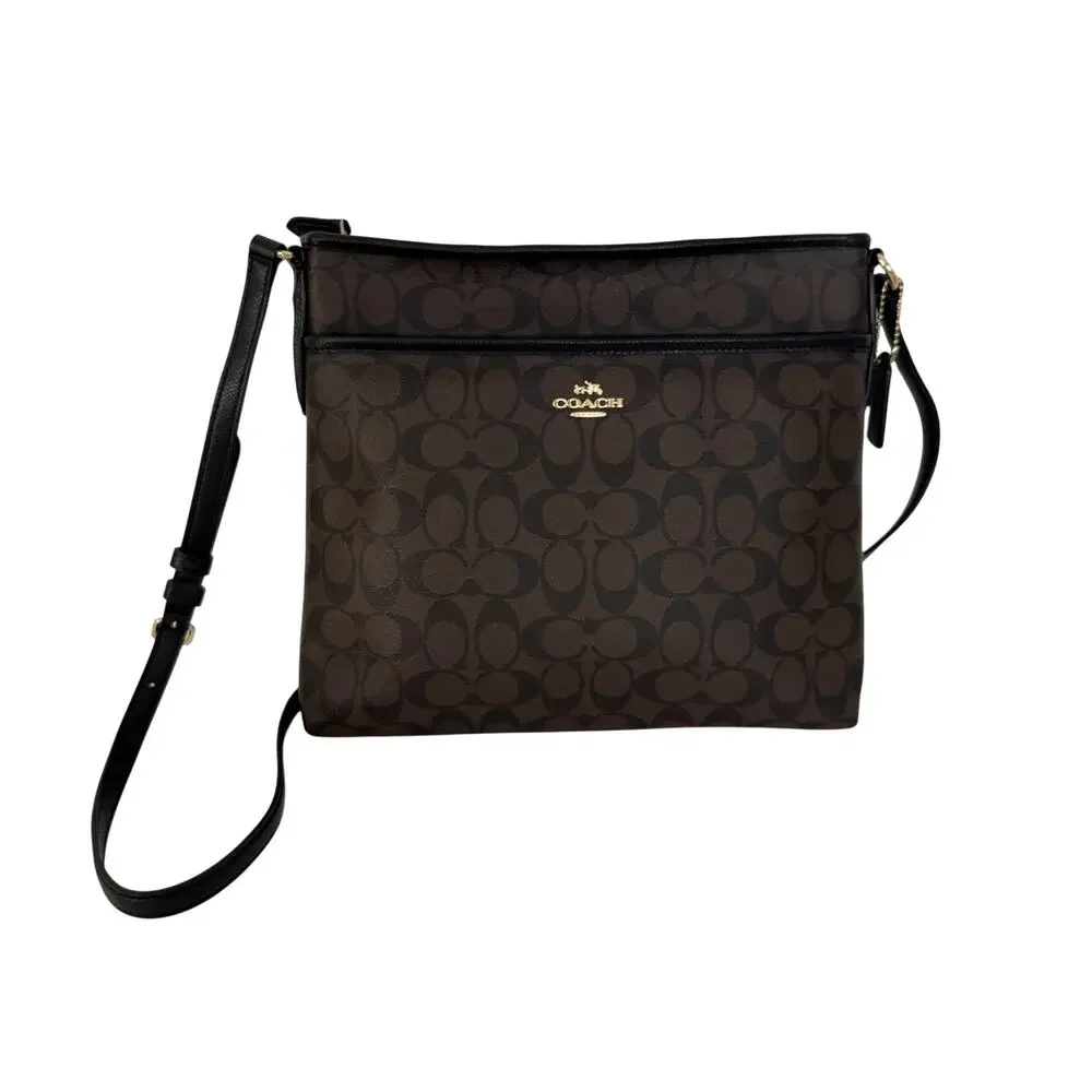 Coach File Crossbody Messenger Bag Signature Coated Canvas in Brown Black F34823
